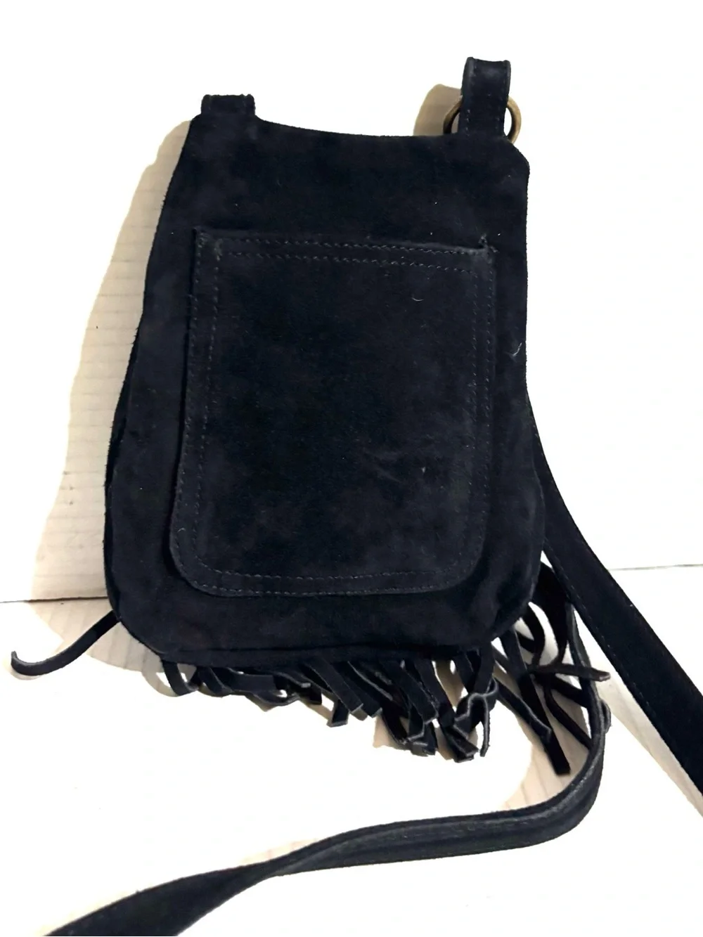 Vintage Black Suede Fringe Crossbody Bag